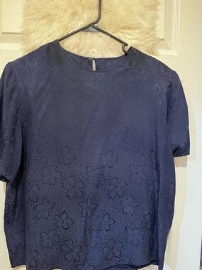 Women's Navy Floral Jacquard Short Sleeve Blouse. Silk